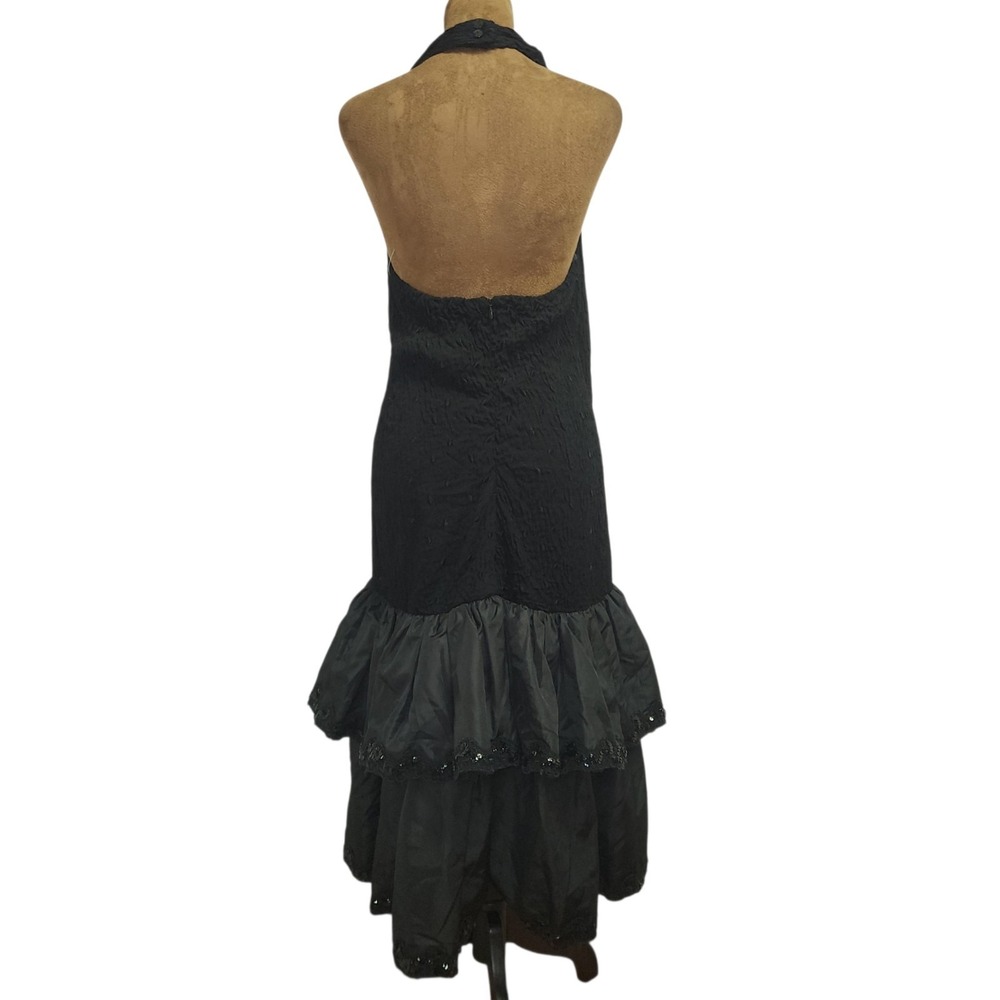 Vintage 80s Drop Waist Midi Dress Black Formal Sequin Flare Size M Halter - Picture 3 of 6